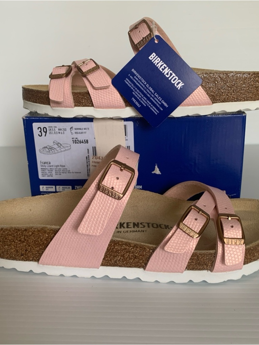 Birkenstock Franca Triple Strap Sandal - Shiny Lizard Pink Ladies US Sz 8; EU 39